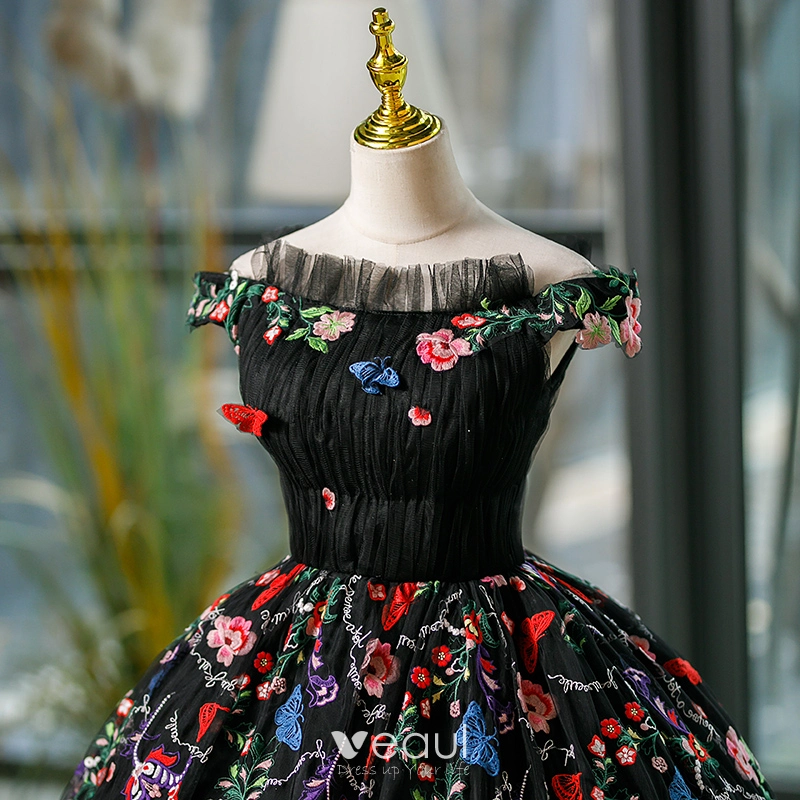 Off Shoulder Floral Dress Black See Through Evening Dresses For Women 3D  Flowers Prom Dress A-