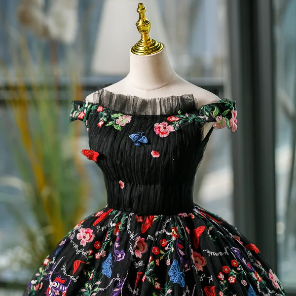 Vintage / Originale Multi-Couleurs En Dentelle Fleur Papillon Noire Robe De Bal 2023 Robe Boule De l'épaule Sans Manches Dos Nu Longue Promo Robe De Ceremonie