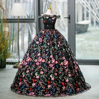 Vintage Originale Multi Couleurs En Dentelle Fleur Papillon Noire Robe De Bal 2023 Robe Boule De L Épaule Sans Manches Dos Nu Longue Promo Robe De Ceremonie