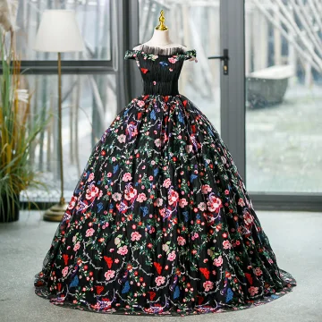 Vintage Originale Multi Couleurs En Dentelle Fleur Papillon Noire Robe De Bal 2023 Robe Boule De L Épaule Sans Manches Dos Nu Longue Promo Robe De Ceremonie