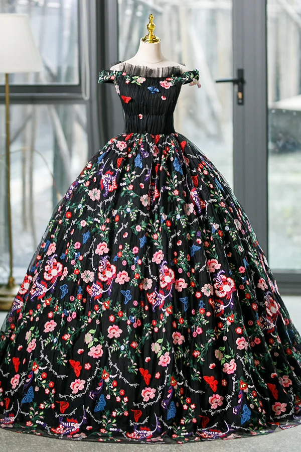 Vintage / Originale Multi-Couleurs En Dentelle Fleur Papillon Noire Robe De Bal 2023 Robe Boule De l'épaule Sans Manches Dos Nu Longue Promo Robe De Ceremonie