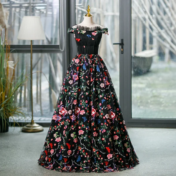 Vintage / Originale Multi-Couleurs En Dentelle Fleur Papillon Noire Robe De Bal 2023 Robe Boule De l'épaule Sans Manches Dos Nu Longue Promo Robe De Ceremonie
