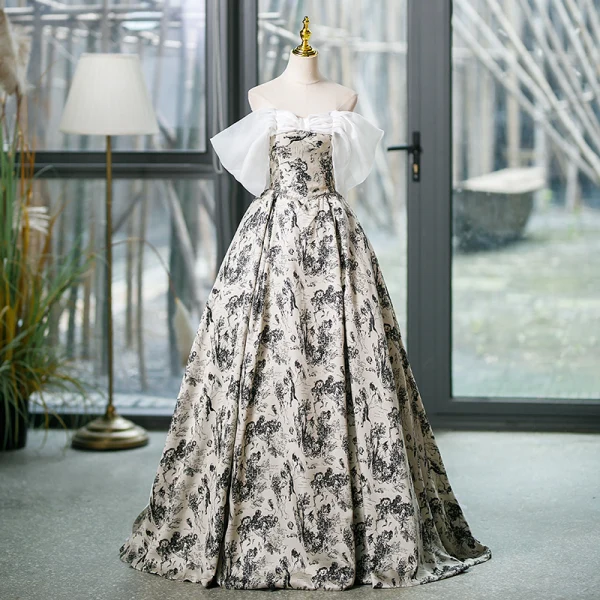 Elegant Black Printing White Prom Dresses 2023 Ball Gown Off-The-Shoulder Short Sleeve Elegant Black Printing White Prom Dresses 2023 Ball Gown Off-The-Shoulder Short Sleeve