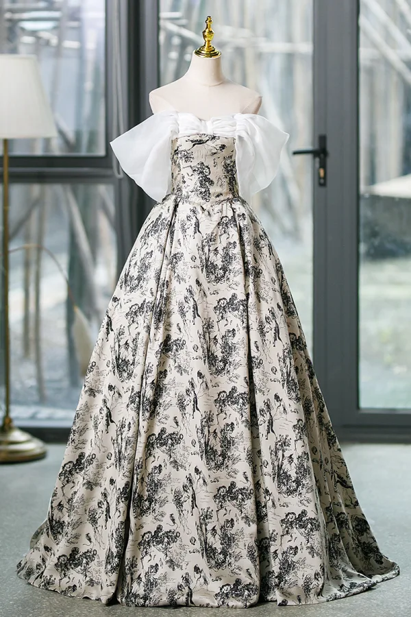Elegante Schwarz Drucken Weiß Ballkleider 2023 Ballkleid Off Shoulder Kurze Ärmel Rückenfreies Lange Ball Festliche Kleider