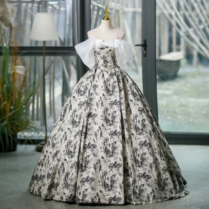 Elegant Black Printing White Prom Dresses 2023 Ball Gown Off The Shoulder Short Sleeve Backless Floor Length Long Prom Formal Dresses