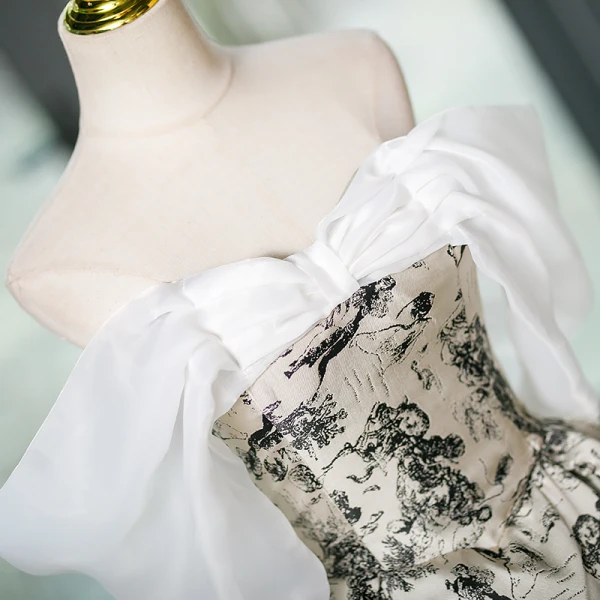 Elegant Black Printing White Prom Dresses 2023 Ball Gown Off-The-Shoulder Short Sleeve