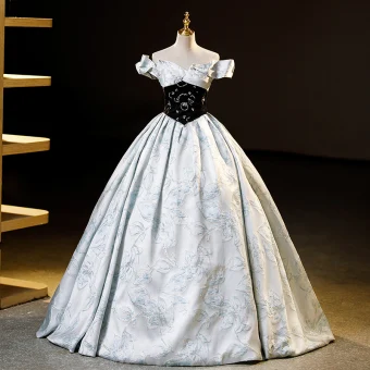 Élégant Bleu Ciel Perlage Robe De Bal 2023 Robe Boule De L Épaule Manches Courtes Dos Nu Longue Robe De Ceremonie