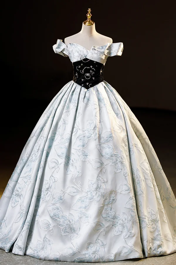Elegant Sky Blue Beading Prom Dresses 2023 Ball Gown Off-The-Shoulder Short Sleeve Backless Floor-Length / Long Formal Dresses