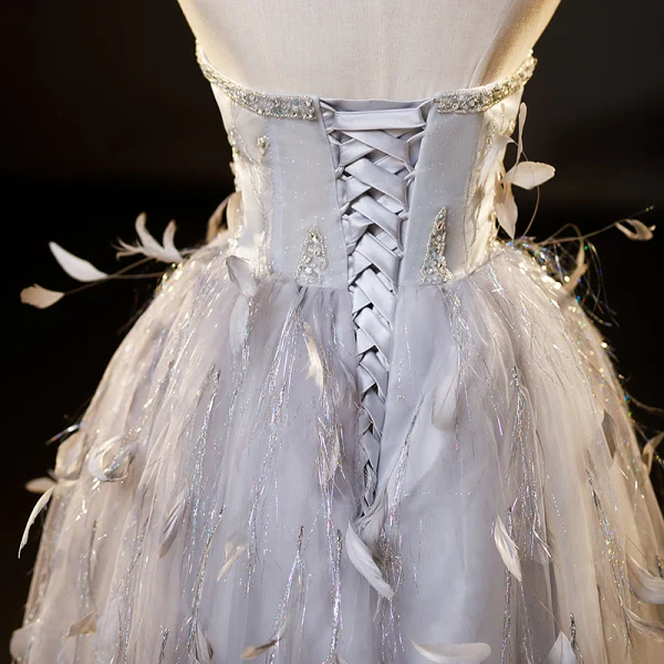 Haut de Gamme Sexy Argenté Gris Perlage Paillettes Plumes Robe De Fête 2023 Princesse Bustier Sans Manches Dos Nu Thé Longueur Cocktail Soirée Robe De Ceremonie