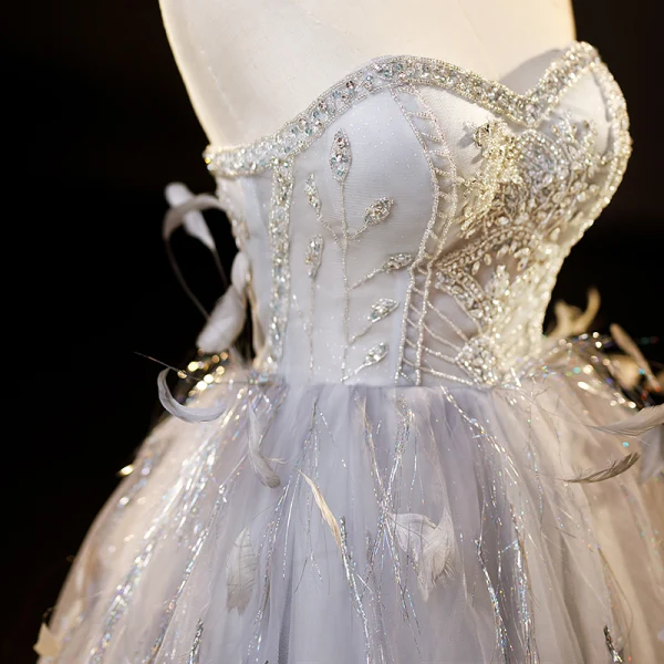 Haut de Gamme Sexy Argenté Gris Perlage Paillettes Plumes Robe De Fête 2023 Princesse Bustier Sans Manches Dos Nu Thé Longueur Cocktail Soirée Robe De Ceremonie