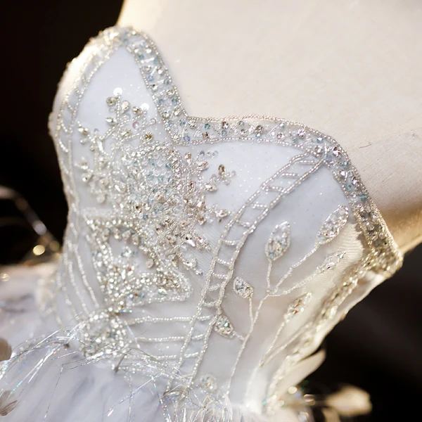 Haut de Gamme Sexy Argenté Gris Perlage Paillettes Plumes Robe De Fête 2023 Princesse Bustier Sans Manches Dos Nu Thé Longueur Cocktail Soirée Robe De Ceremonie