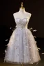 Haut de Gamme Sexy Argenté Gris Perlage Paillettes Plumes Robe De Fête 2023 Princesse Bustier Sans Manches Dos Nu Thé Longueur Cocktail Soirée Robe De Ceremonie