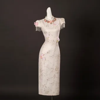 Chinese Style Blushing Pink Beading Appliques Printing Prom Cheongsam 2025 Trumpet Mermaid High Neck Short Sleeve Tea Length