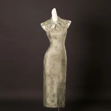 Chinese Stijl Saliegroen Kralen Split Voorzijde Gala Cheongsam 2025 Trompet Zeemeermin Hoge Kraag Mouwloos Tea Length