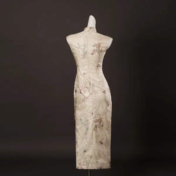 Vintage Chiński Styl Beżowe Z Koronki Motyl Kwiat Podział Przodu Bal Cheongsam 2025 Syrena / Rozkloszowane Wysokiej Szyi Bez Rękawów Długość Herbaty