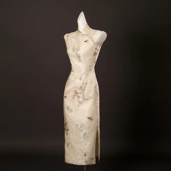 Vintage Chiński Styl Beżowe Z Koronki Motyl Kwiat Podział Przodu Bal Cheongsam 2025 Syrena / Rozkloszowane Wysokiej Szyi Bez Rękawów Długość Herbaty
