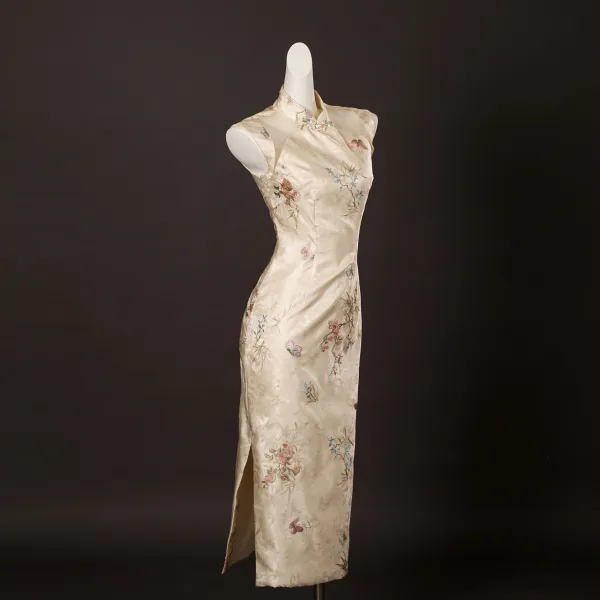 Vintage Chiński Styl Beżowe Z Koronki Motyl Kwiat Podział Przodu Bal Cheongsam 2025 Syrena / Rozkloszowane Wysokiej Szyi Bez Rękawów Długość Herbaty