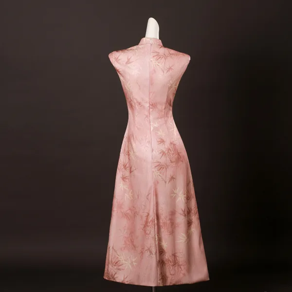 Chinese style Candy Pink Printing Tea-length Prom Cheongsam 2025 Trumpet / Mermaid High Neck Sleeveless