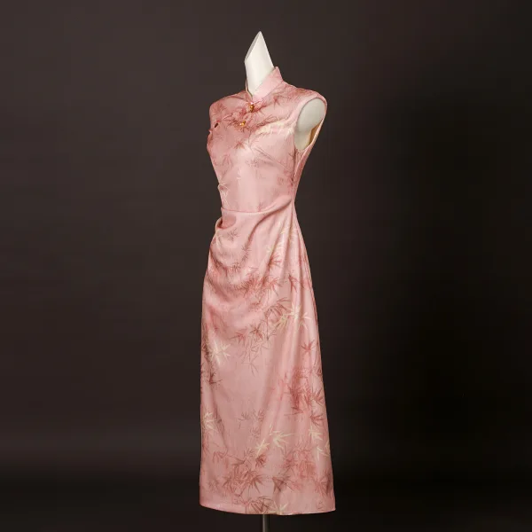 Chinese style Candy Pink Printing Tea-length Prom Cheongsam 2025 Trumpet / Mermaid High Neck Sleeveless