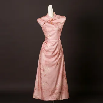 Kinesisk Stil Godis Rosa Utskrift Te Längd Bal Cheongsam 2025 Trumpet Sjöjungfru Hög Hals Ärmlös