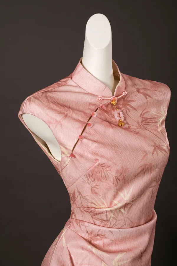 Chinese style Candy Pink Printing Tea-length Prom Cheongsam 2025 Trumpet / Mermaid High Neck Sleeveless