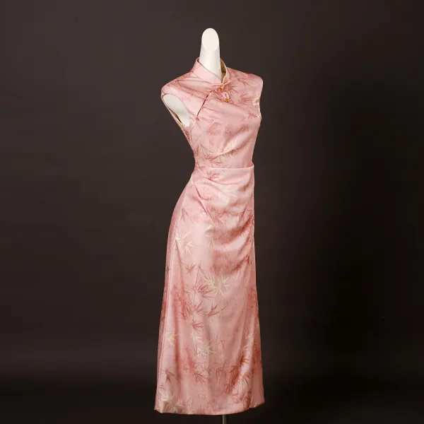 Chinese style Candy Pink Printing Tea-length Prom Cheongsam 2025 Trumpet / Mermaid High Neck Sleeveless