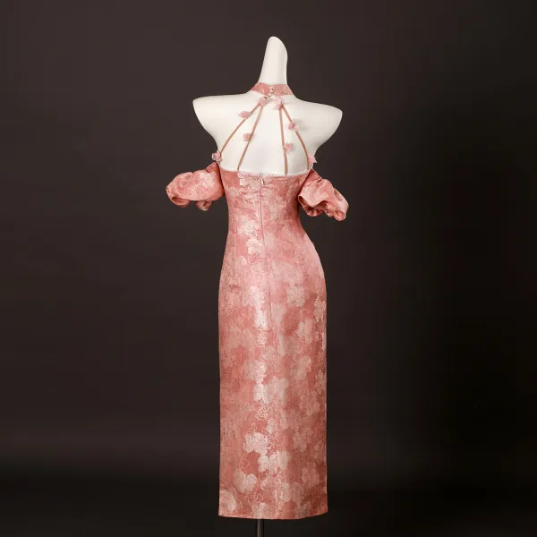 Charming Chinese style Candy Pink Beading Pearl Rhinestone Split Front Tea-length Prom Cheongsam / Qipao 2025 Trumpet / Mermaid Halter Sleeveless Backless