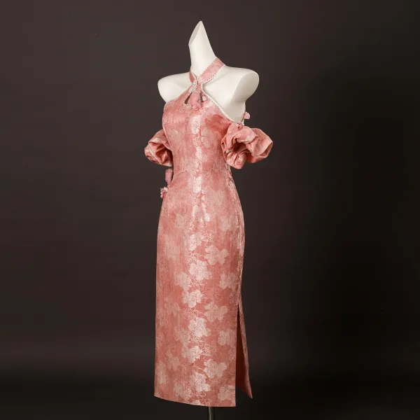 Charming Chinese style Candy Pink Beading Pearl Rhinestone Split Front Tea-length Prom Cheongsam / Qipao 2025 Trumpet / Mermaid Halter Sleeveless Backless