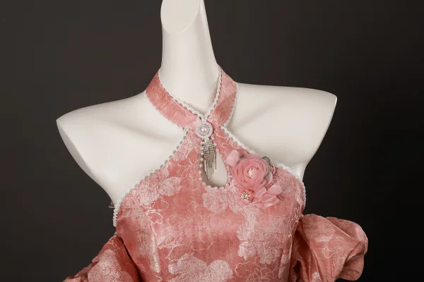 Charming Chinese style Candy Pink Beading Pearl Rhinestone Split Front Tea-length Prom Cheongsam / Qipao 2025 Trumpet / Mermaid Halter Sleeveless Backless