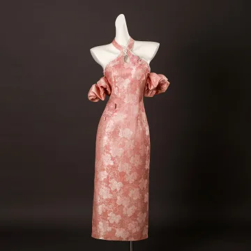Charmig Kinesisk Stil Godis Rosa Beading Pärla Rhinestone Slits Fram Te Längd Bal Cheongsam 2025 Trumpet Sjöjungfru Hållare Ärmlös Halterneck