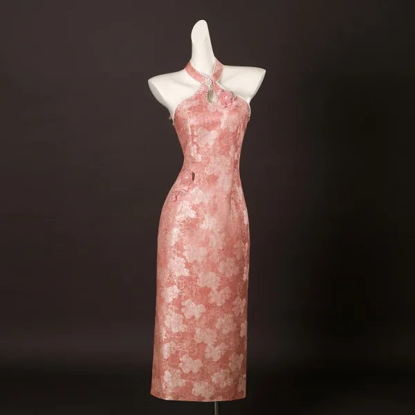 Charming Chinese style Candy Pink Beading Pearl Rhinestone Split Front Tea-length Prom Cheongsam / Qipao 2025 Trumpet / Mermaid Halter Sleeveless Backless