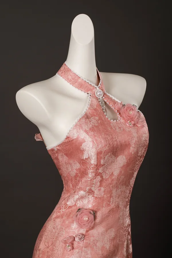 Charming Chinese style Candy Pink Beading Pearl Rhinestone Split Front Tea-length Prom Cheongsam / Qipao 2025 Trumpet / Mermaid Halter Sleeveless Backless