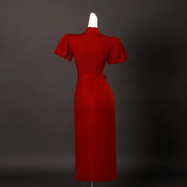 Vintage / Retro Red Bow Sash Tea-length Prom Cheongsam 2025 Trumpet / Mermaid High Neck Puffy Short Sleeve