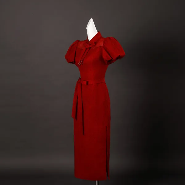 Vintage / Retro Red Bow Sash Tea-length Prom Cheongsam 2025 Trumpet / Mermaid High Neck Puffy Short Sleeve