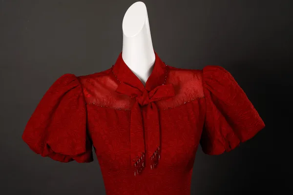 Vintage / Retro Red Bow Sash Tea-length Prom Cheongsam 2025 Trumpet / Mermaid High Neck Puffy Short Sleeve