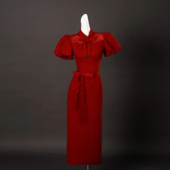 Vintage Retro Red Bow Sash Tea Length Prom Cheongsam 2025 Trumpet Mermaid High Neck Puffy Short Sleeve
