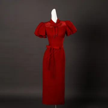 Vintage Retro Red Bow Sash Tea Length Prom Cheongsam 2025 Trumpet Mermaid High Neck Puffy Short Sleeve
