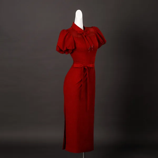 Vintage / Retro Red Bow Sash Tea-length Prom Cheongsam 2025 Trumpet / Mermaid High Neck Puffy Short Sleeve