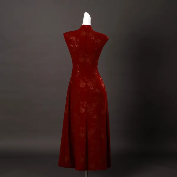 Vintage / Retro Chinese style Burgundy Glitter Prom Cheongsam 2025 Trumpet / Mermaid High Neck Sleeveless Floor-Length / Long