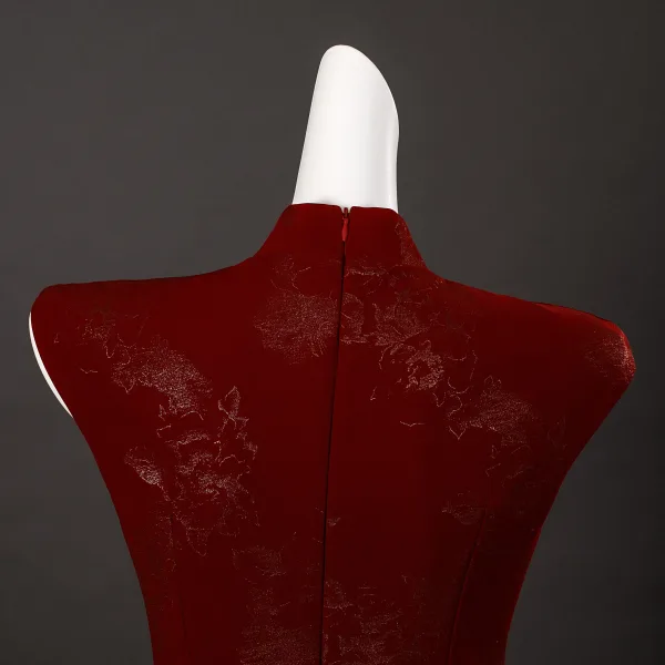 Vintage / Retro Chinese style Burgundy Glitter Prom Cheongsam 2025 Trumpet / Mermaid High Neck Sleeveless Floor-Length / Long