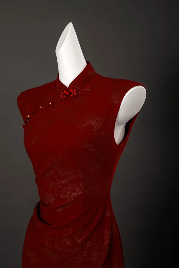 Vintage / Retro Chinese style Burgundy Glitter Prom Cheongsam 2025 Trumpet / Mermaid High Neck Sleeveless Floor-Length / Long