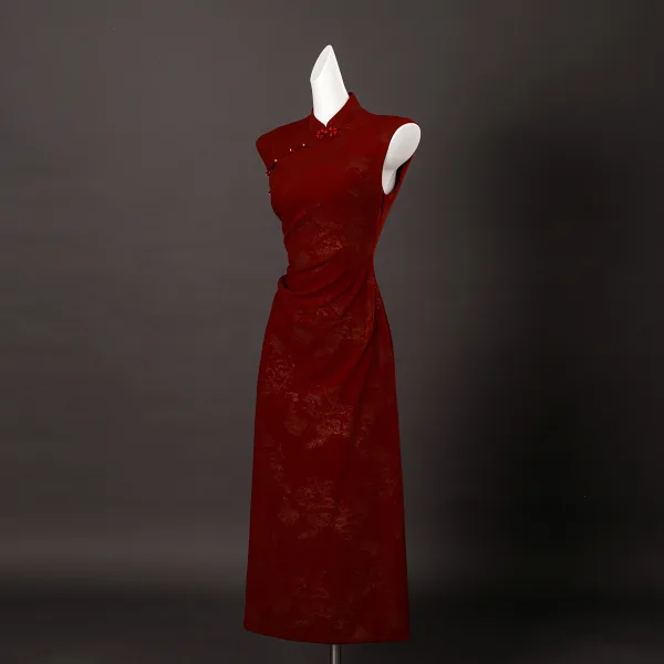 Vintage / Retro Chinese style Burgundy Glitter Prom Cheongsam 2025 Trumpet / Mermaid High Neck Sleeveless Floor-Length / Long