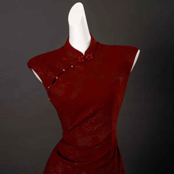 Vintage / Retro Chinese style Burgundy Glitter Prom Cheongsam 2025 Trumpet / Mermaid High Neck Sleeveless Floor-Length / Long