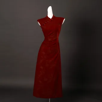 Vintage Retro Chinese Style Burgundy Glitter Prom Cheongsam 2025 Trumpet Mermaid High Neck Sleeveless Floor Length Long