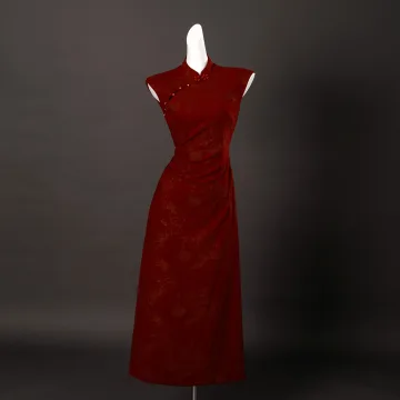 Vintage Kinesisk Stil Burgundy Glittriga Glitter Bal Cheongsam 2025 Trumpet Sjöjungfru Hög Hals Ärmlös Långa