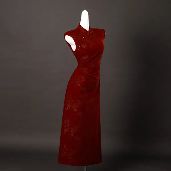 Vintage / Retro Chinese style Burgundy Glitter Prom Cheongsam 2025 Trumpet / Mermaid High Neck Sleeveless Floor-Length / Long
