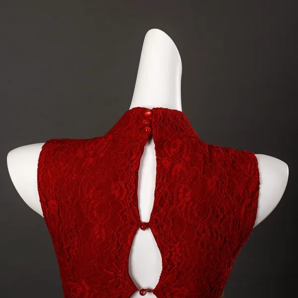 Vintage Czerwone Kwiat Z Koronki Bal Cheongsam 2025 Syrena / Rozkloszowane Wysokiej Szyi Bez Rękawów Bez Pleców Długie