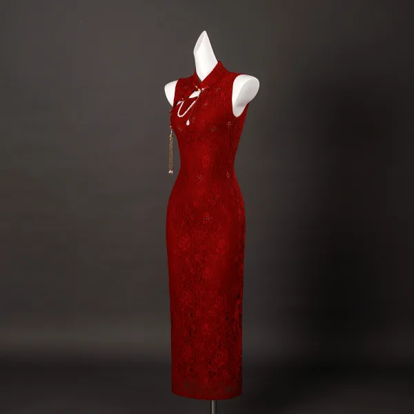 Vintage Czerwone Kwiat Z Koronki Bal Cheongsam 2025 Syrena / Rozkloszowane Wysokiej Szyi Bez Rękawów Bez Pleców Długie