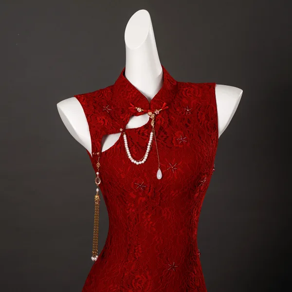Vintage Czerwone Kwiat Z Koronki Bal Cheongsam 2025 Syrena / Rozkloszowane Wysokiej Szyi Bez Rękawów Bez Pleców Długie