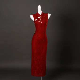 Vintage Originale Rouge Fleur En Dentelle Promo Cheongsam 2025 Trompette Sirène Col Haut Sans Manches Dos Nu Longue